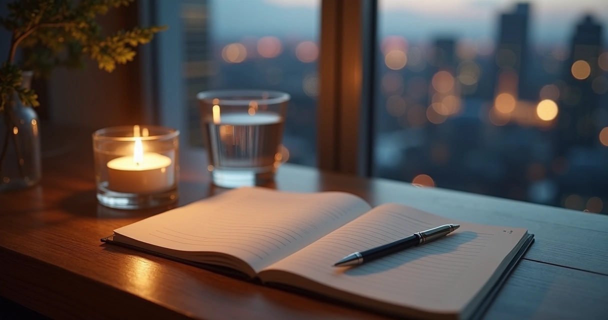 Open journal with glowing writing beside a candle and city skyline at dusk 
