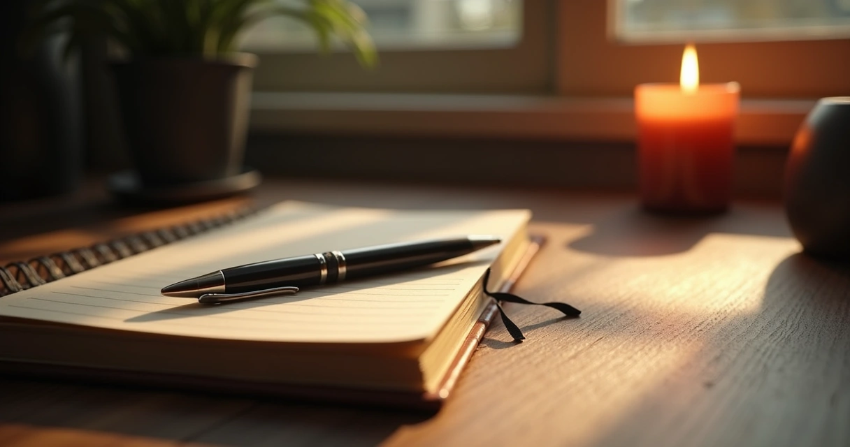 A notebook and pen on a desk with a candle burning, hinting at evening quiet 