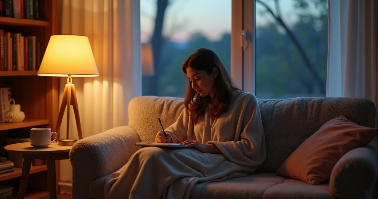 Person journaling in a cozy living room during the evening, lamp light 