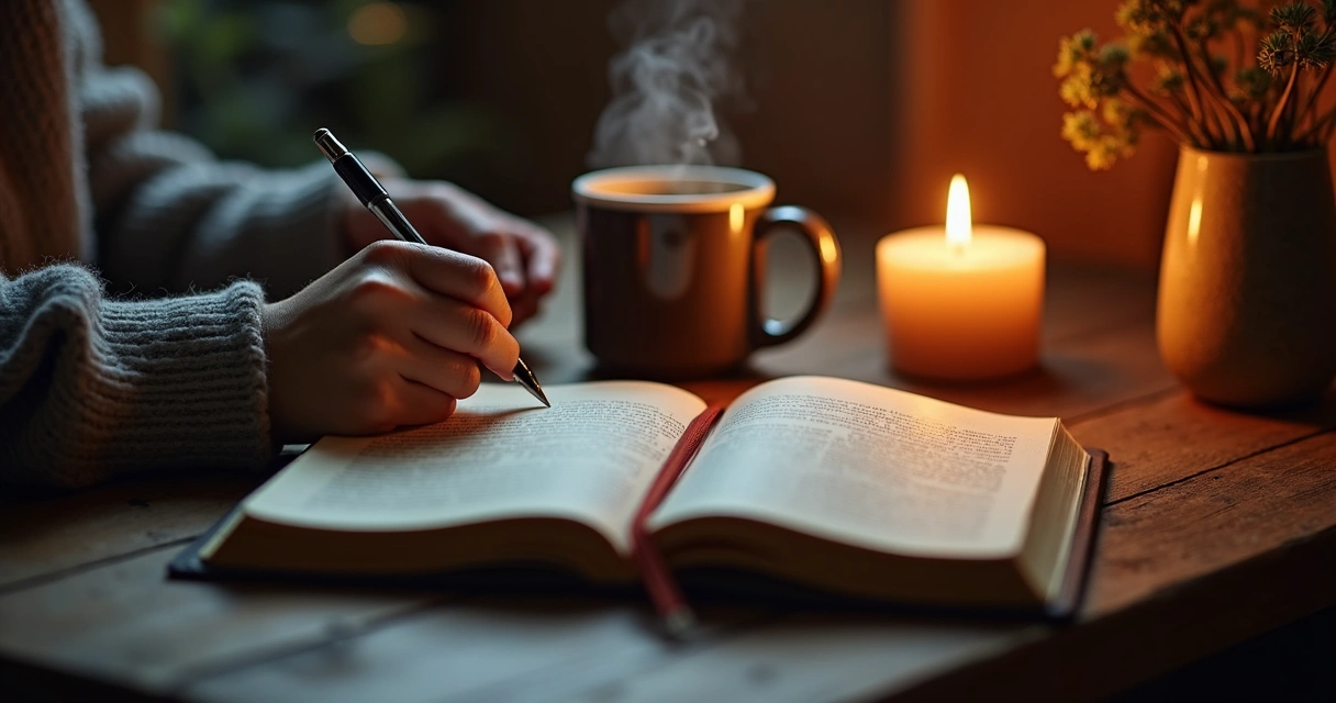Hands writing in a journal at night, with a mug and candle