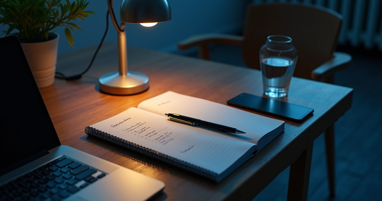 Notebook and lamp during evening leadership reflection 