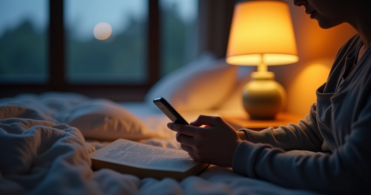 Person turning off phone and reaching for a book in evening light. 