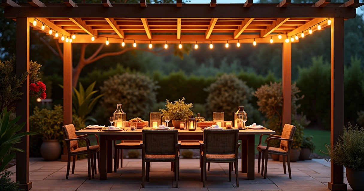 Evening outdoor dining space with string lights and lanterns 