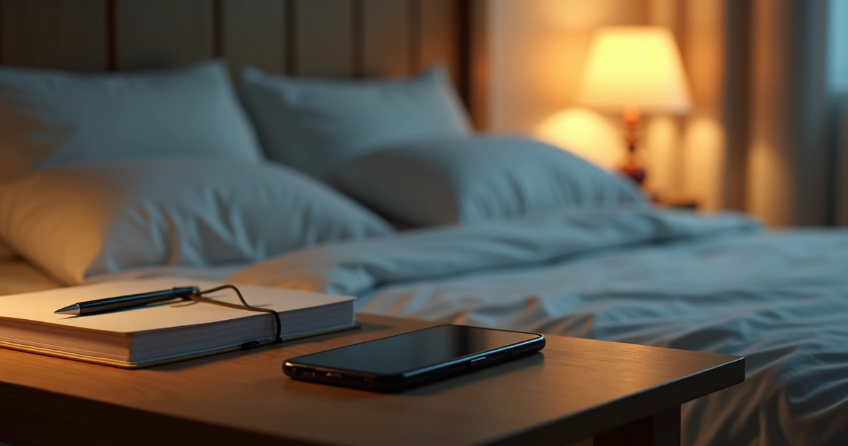 Phone placed away from bed beside a journal and lamp