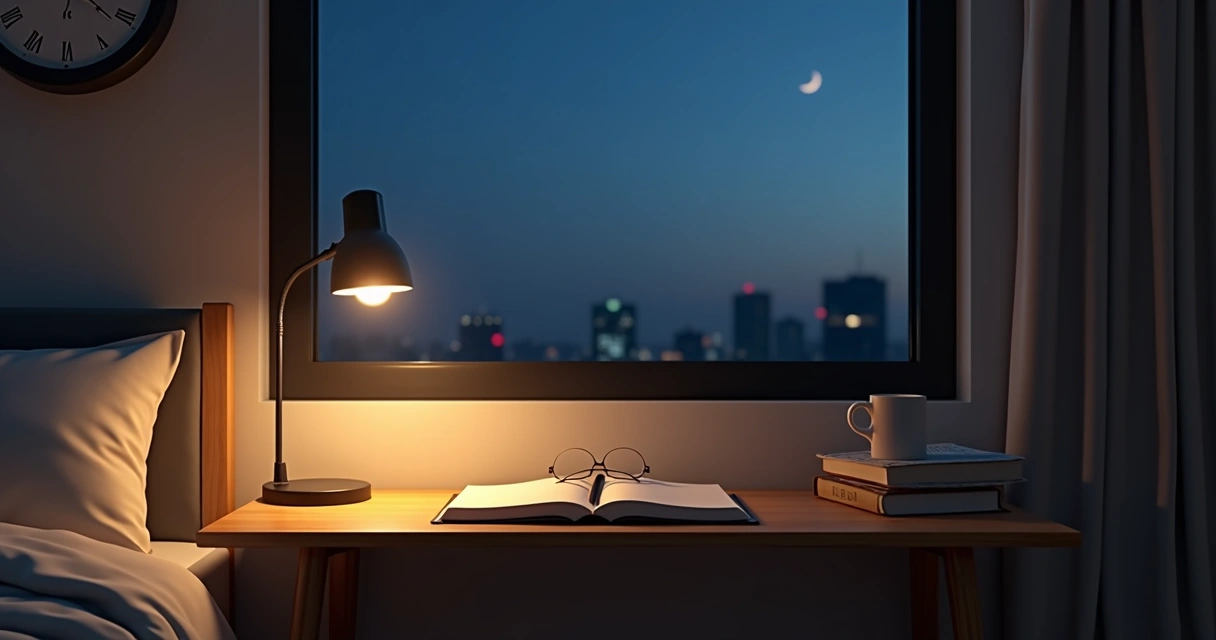 Cozy bedroom with desk set for reflective evening routine 