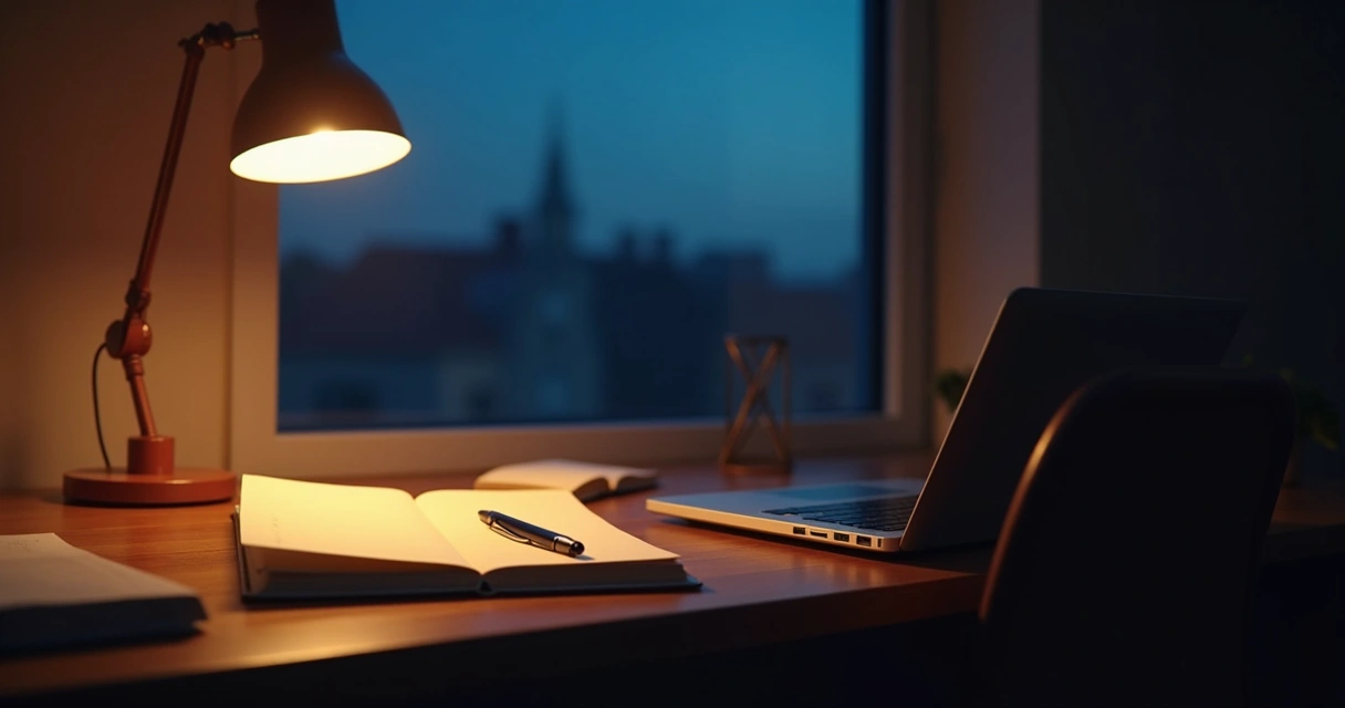 Notebook with lamp light during evening reflection 