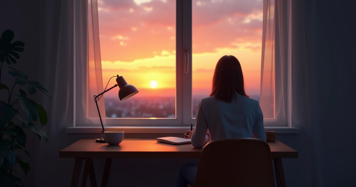 Person sitting at a desk near a window at sunset, writing reflection in notebook 