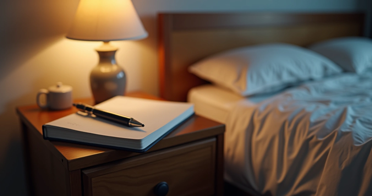 Journal and pen on a wooden nightstand with soft lamp light 