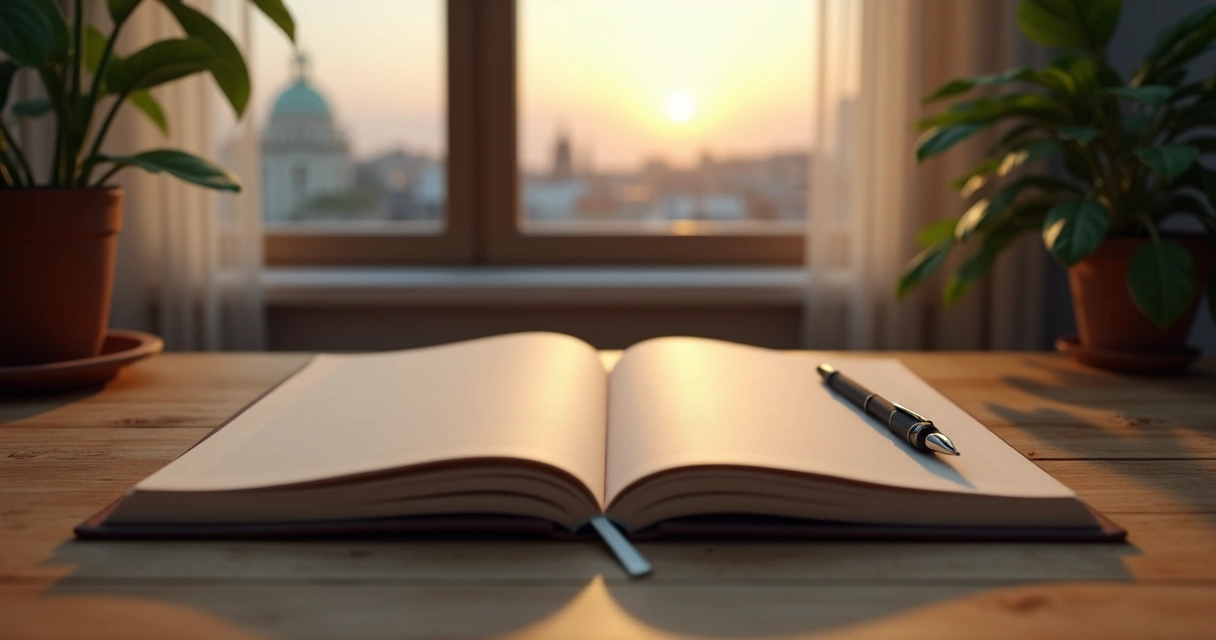 Open journal and pen on a wooden table with soft evening light by a window
