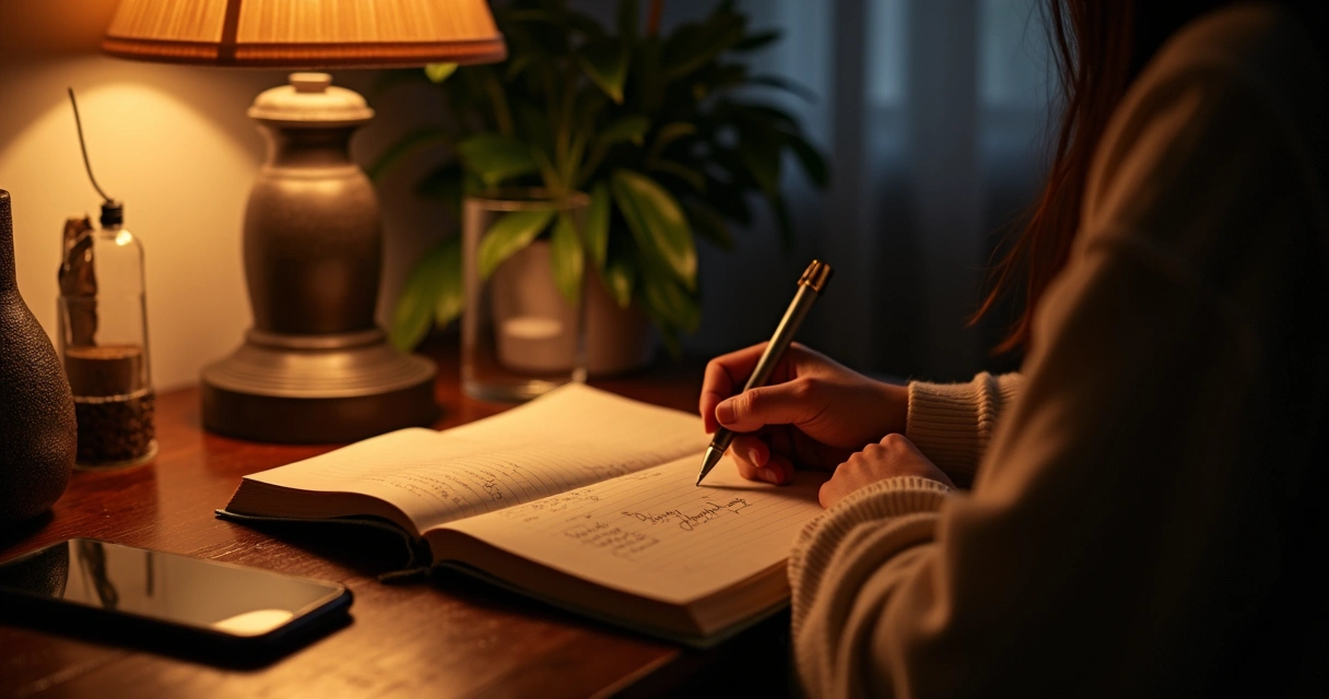 Person writing evening reflections by warm lamp light 