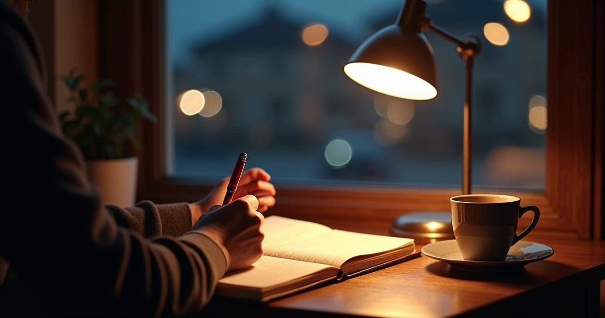 Person journaling at night with soft lamp light