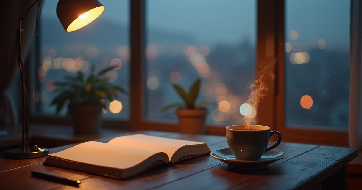 Notebook and tea on a small table by a city window at night 