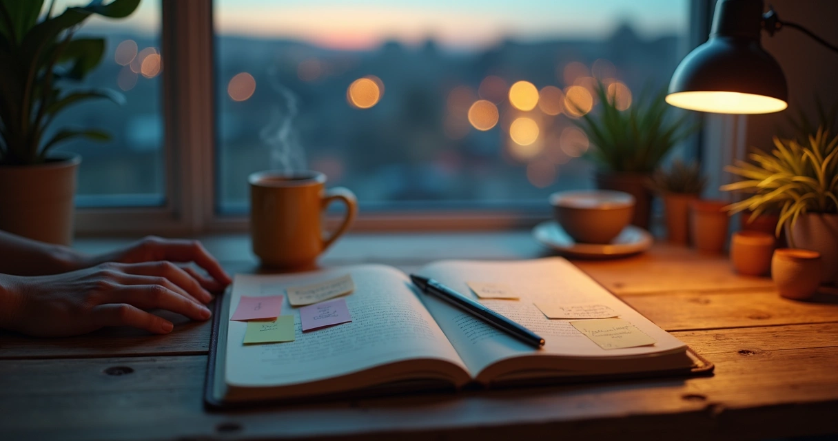 Person journaling at a wooden desk with multiple reflection notes around an open notebook 