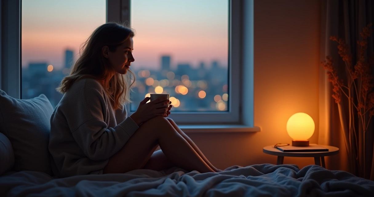 Person sitting by a window, looking thoughtful with a warm cup in hand, city lights at dusk outside