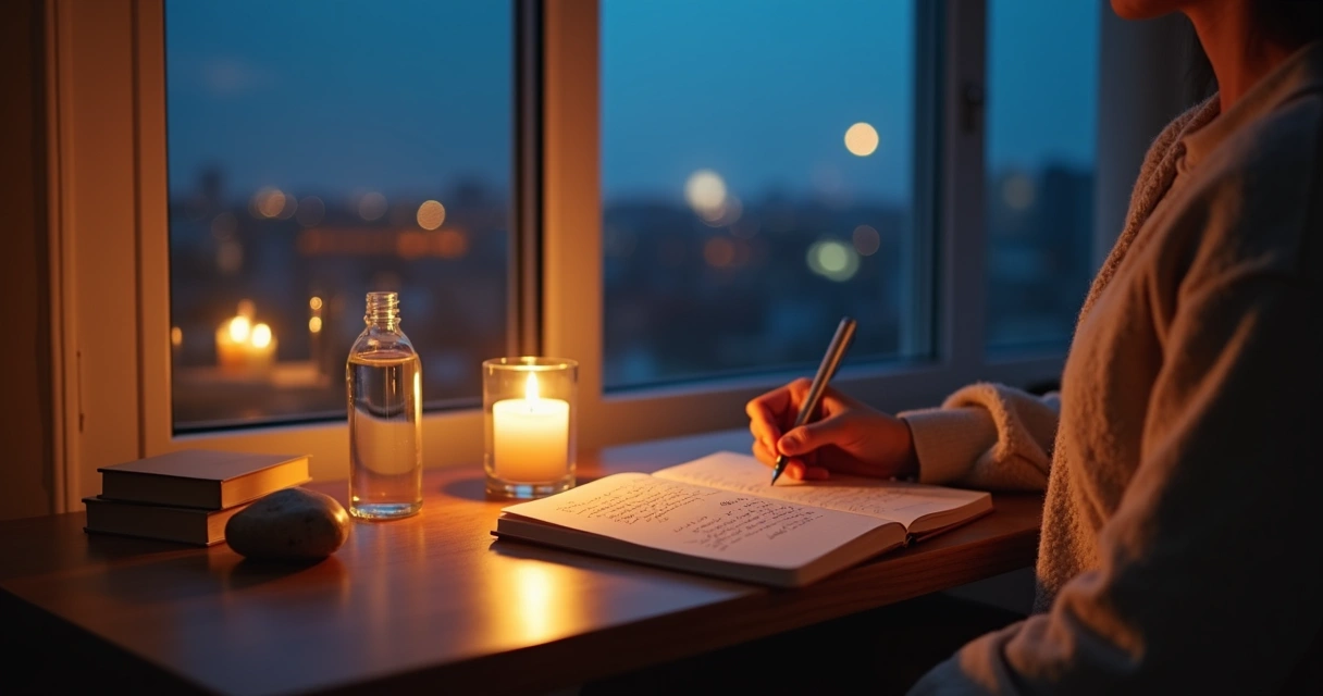 Person journaling at a wooden desk by a window on a calm evening 