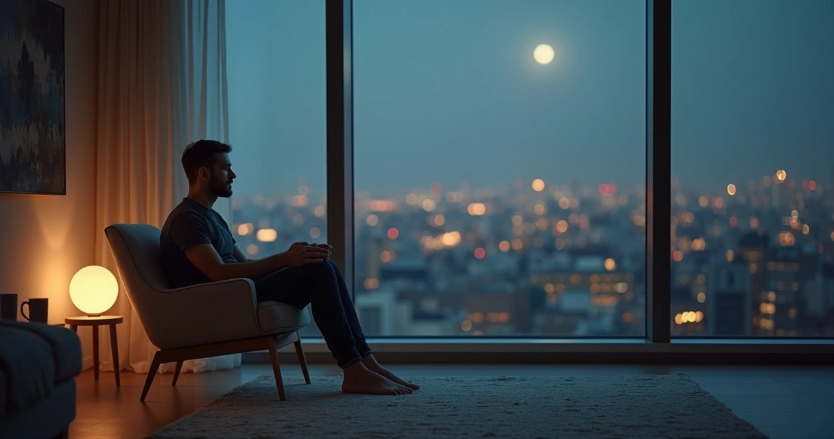 Person sitting by apartment window at night with city lights softly reflected in the glass 
