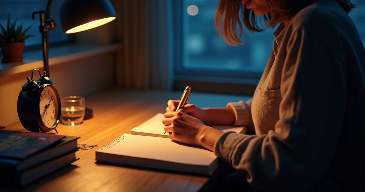 Person writing quietly by lamplight in the evening 