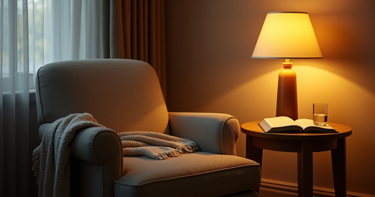 Soft evening room with chair, lamp, blanket, and book for quiet rest