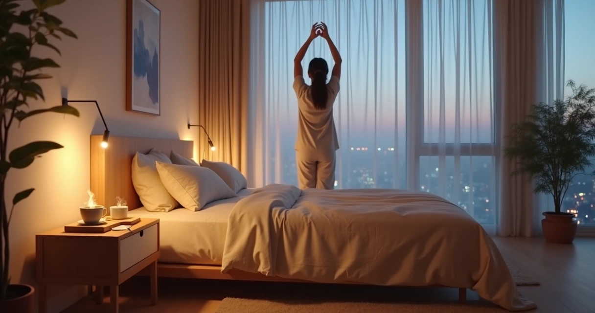 Person in an evening bedroom stretching near a neatly made bed with a notebook and tea tray 