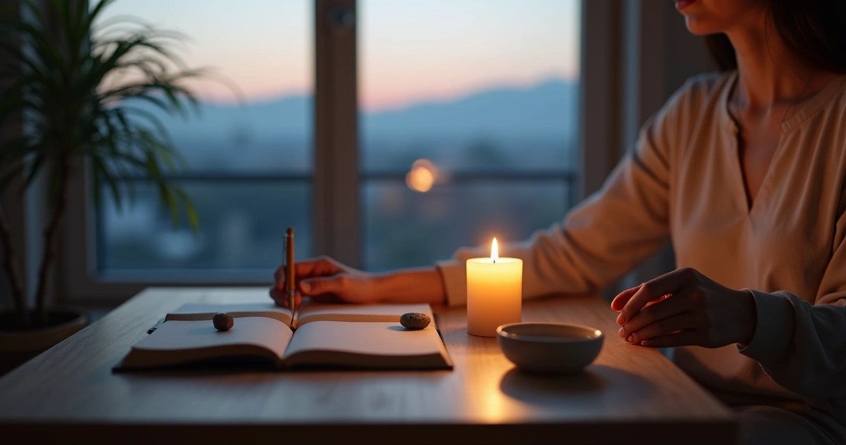Person journaling by candlelight on a small table with simple evening ritual objects 