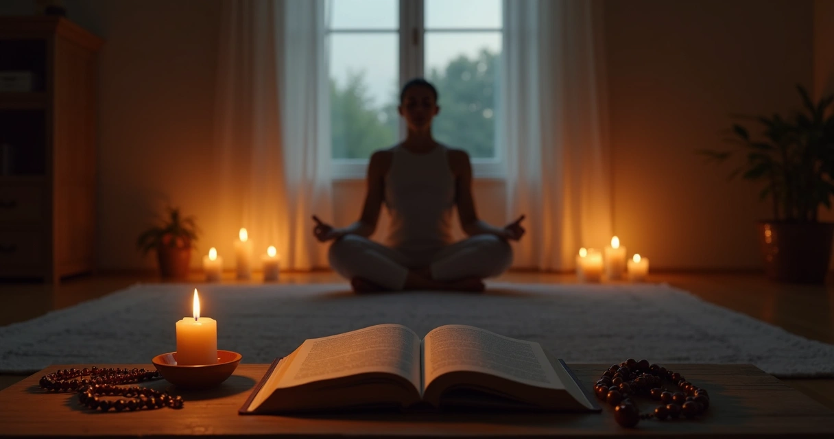Evening ritual in a quiet room with soft lights and prayer beads 