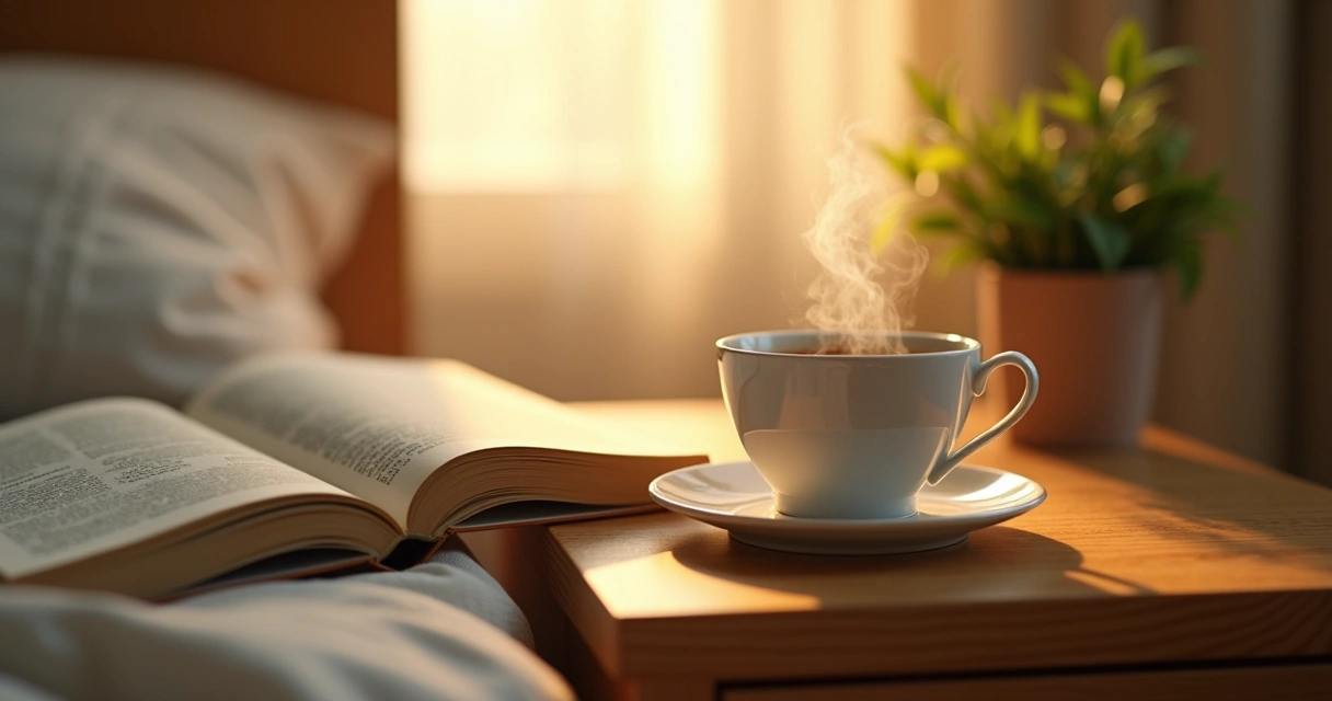 Cup of herbal tea with steam, gentle lighting, book beside cup.