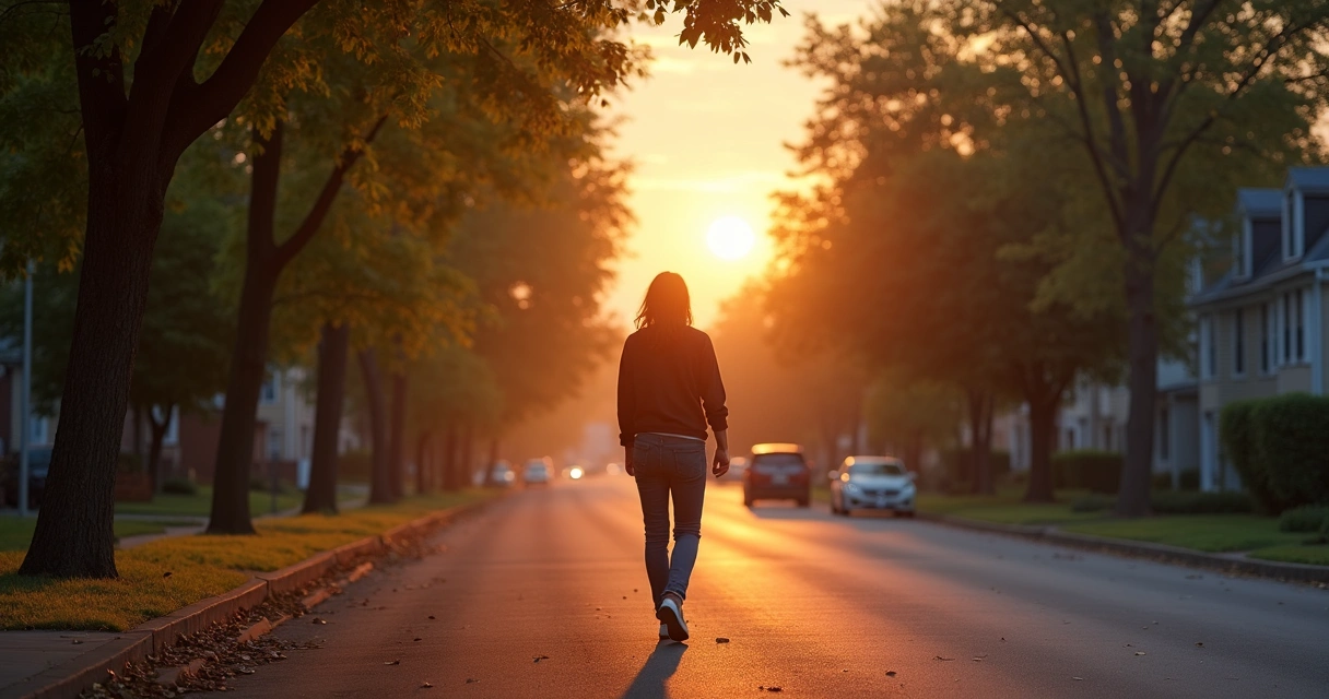 Person walking alone on a quiet street at sunset 