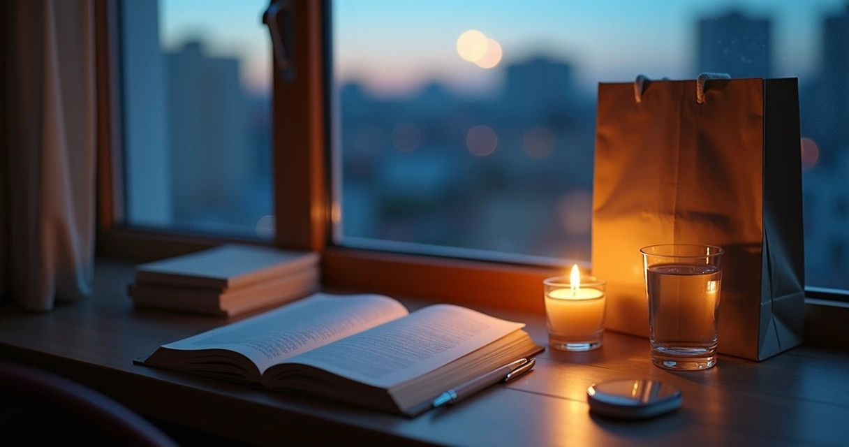 Notebook and candle by a window at dusk