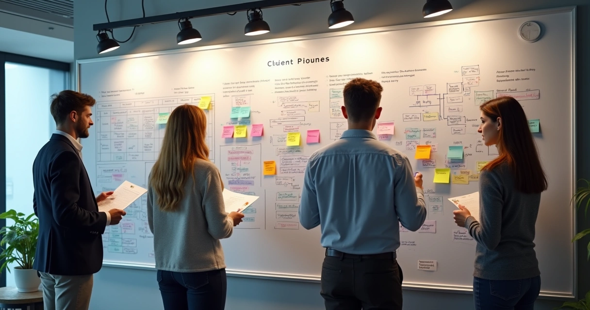 Event organizers planning around a whiteboard with schedules and sticky notes 