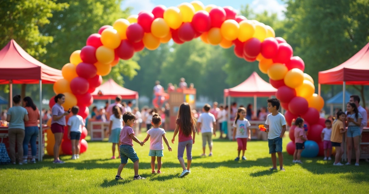 Crianças e pais participando de evento aberto em escola com balões coloridos, estandes e área de recreação. 