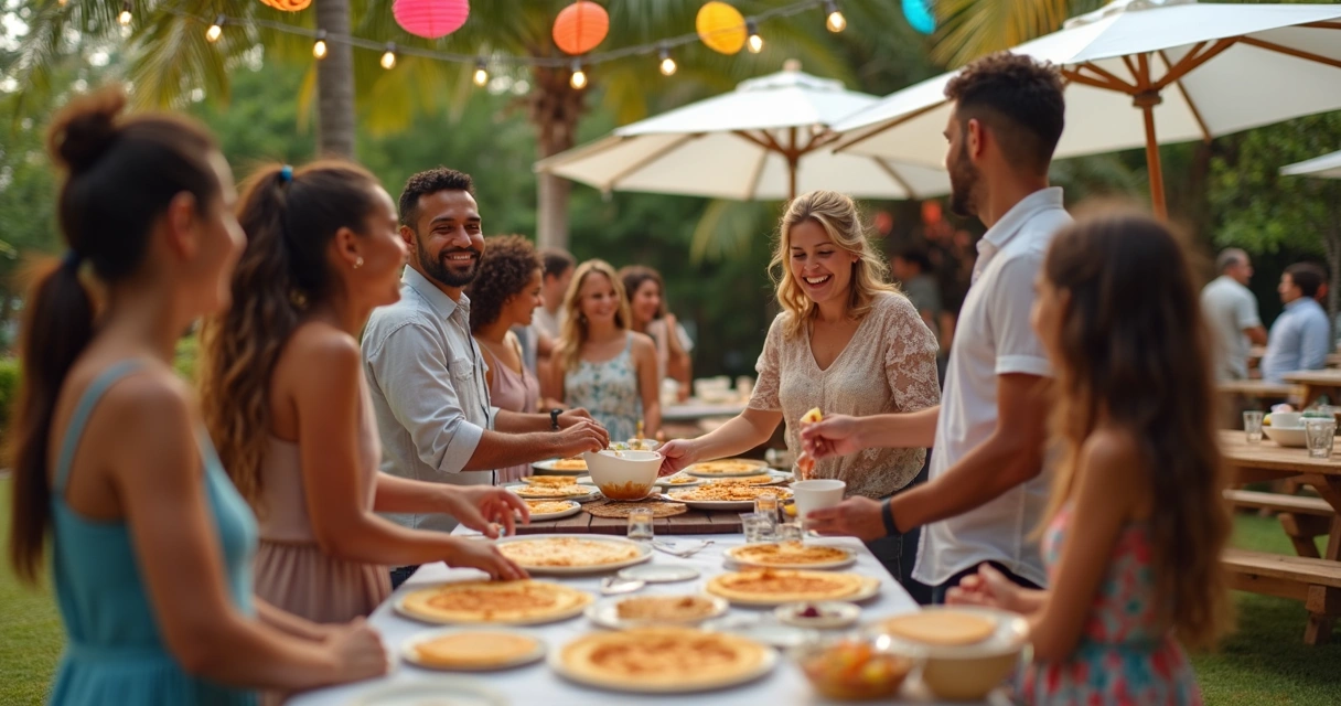 Família brasileira em evento acessível com crepes 