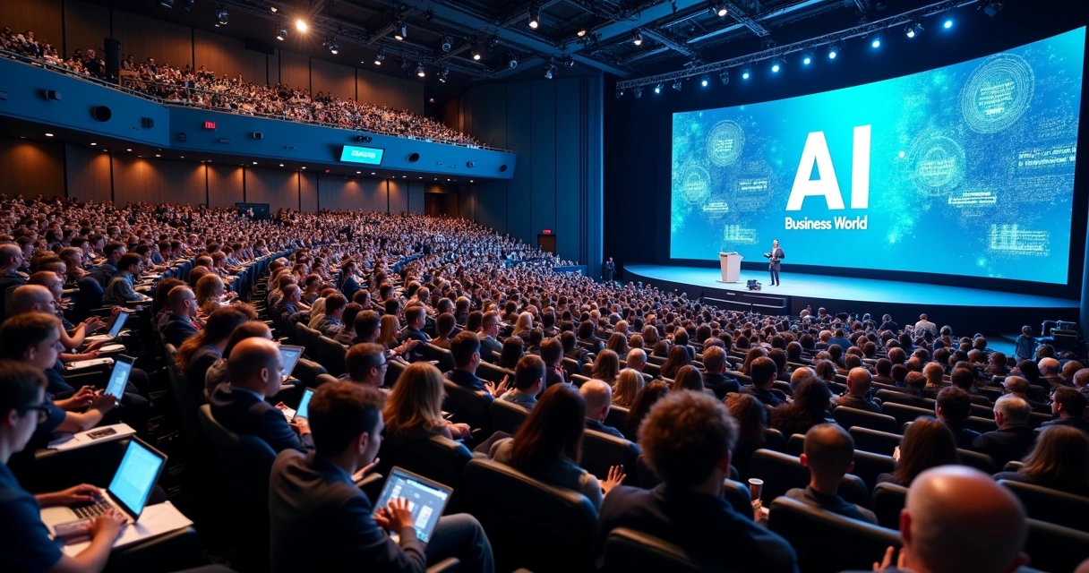 Auditório com centenas de profissionais de marketing atentos a uma palestra sobre IA 