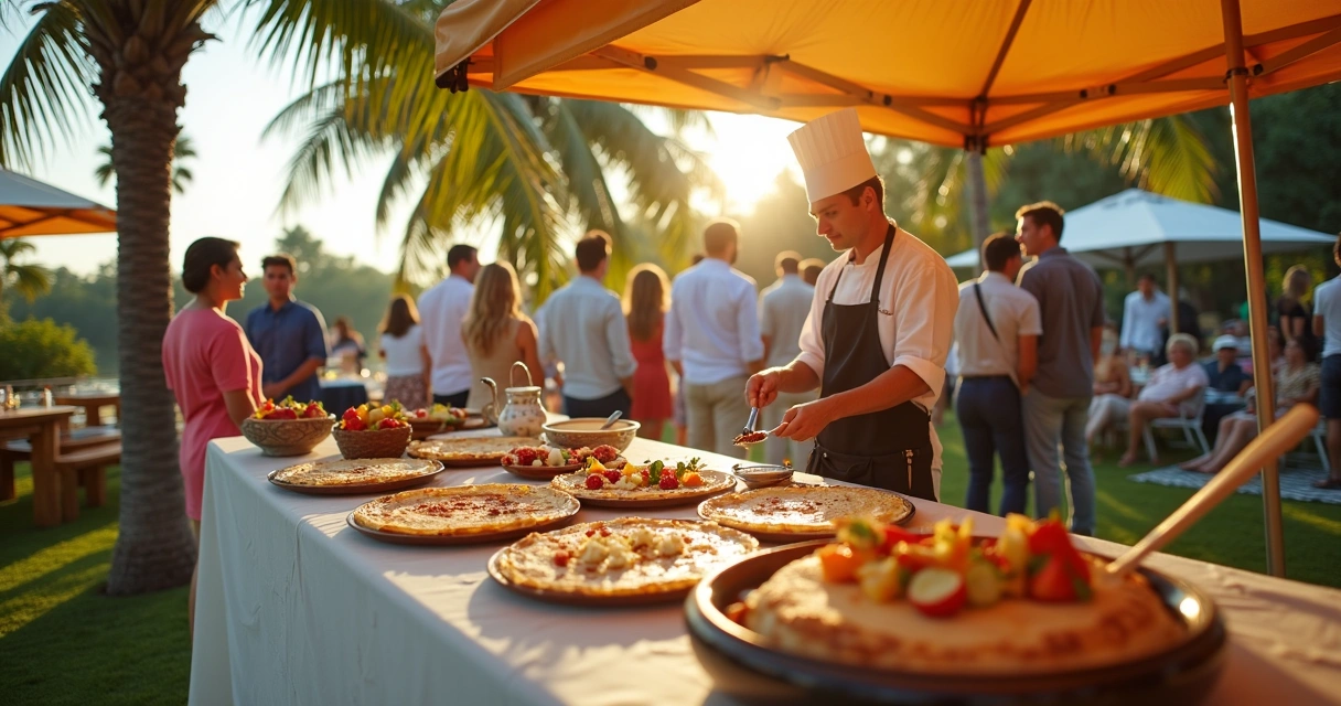 Evento ao ar livre com serviço de crepes, convidados se servindo 