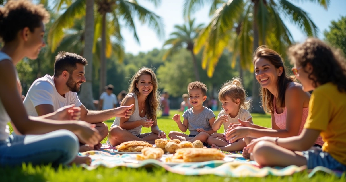 Grupo de brasileiros reunidos em piquenique em parque de Orlando 
