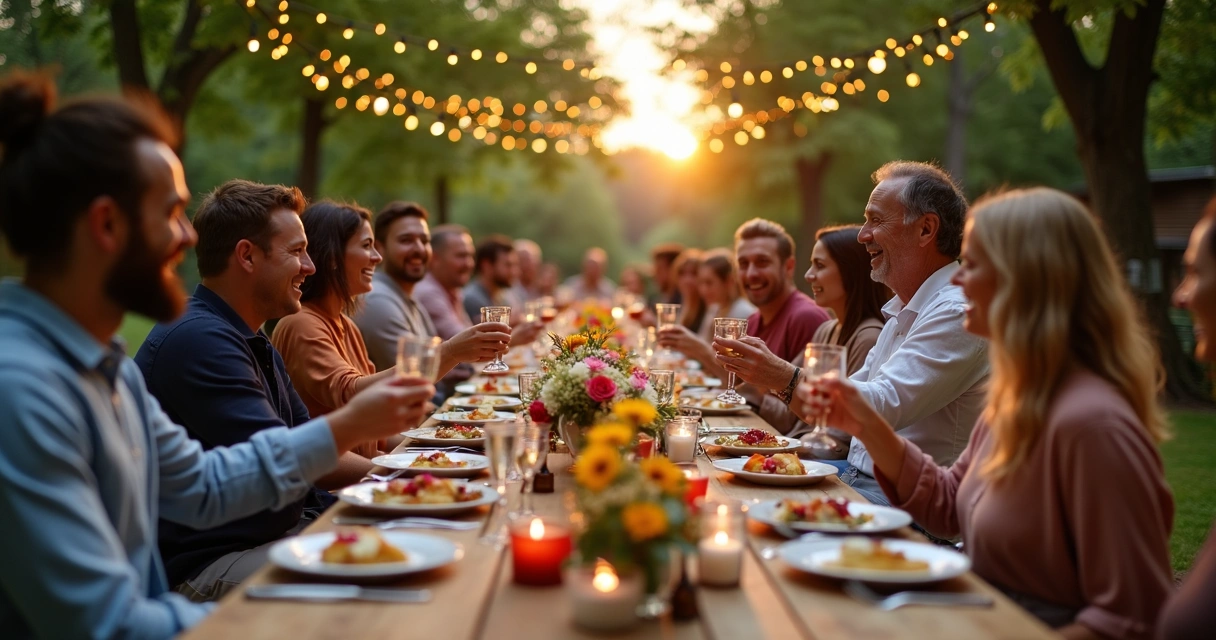 Grupo de pessoas sorrindo ao redor de mesa longa em evento ao ar livre 