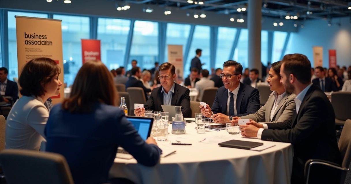Reunião de empresários em evento de networking organizado por associação 