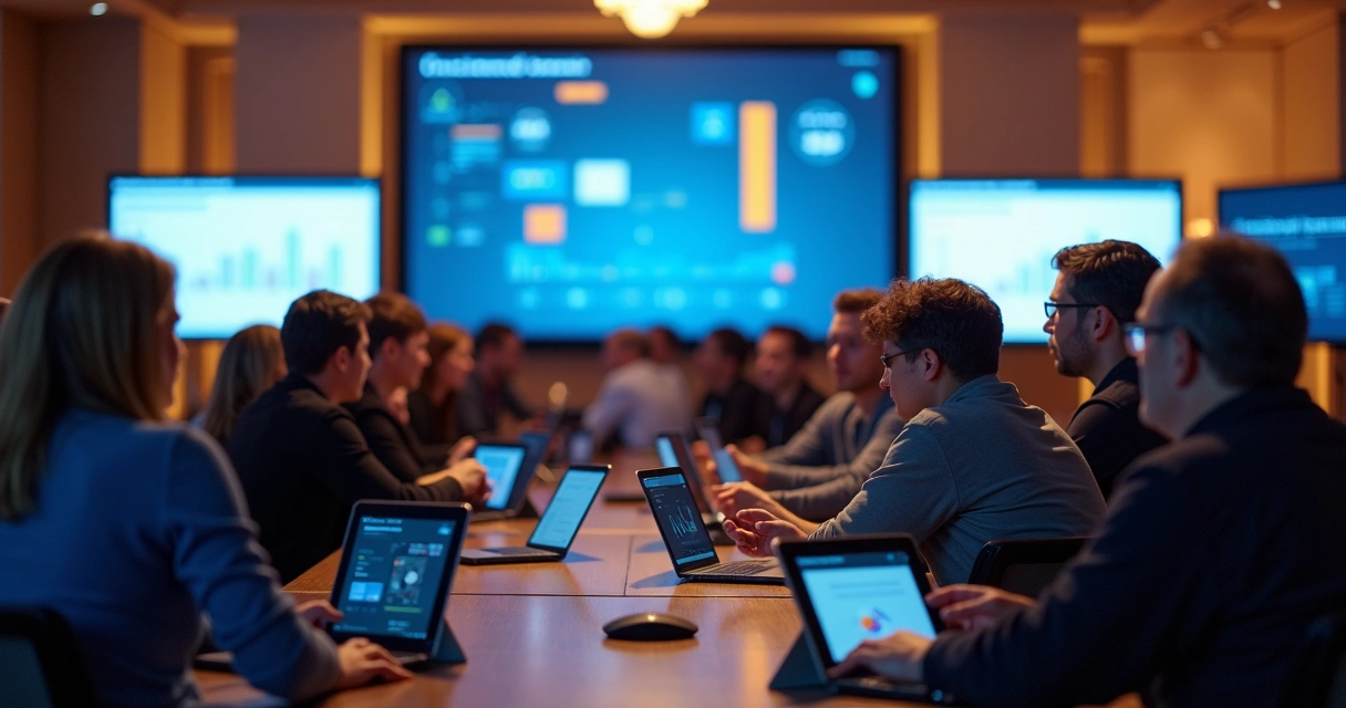 Reunião de equipes de marketing e vendas em evento corporativo 