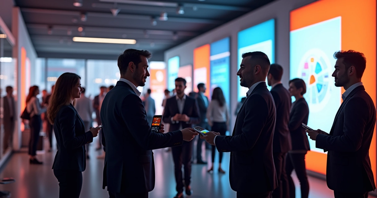 Profissionais de negócios em evento B2B networking e troca de contatos 