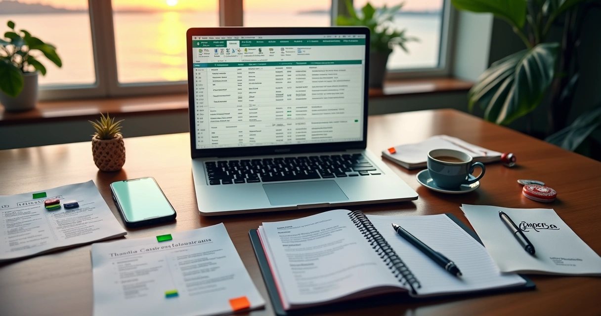 Mesa de trabalho com press list organizada para evento em Salvador 