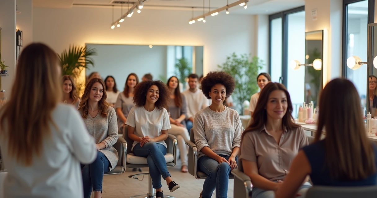 Pessoas participando de um evento de beleza em salão 