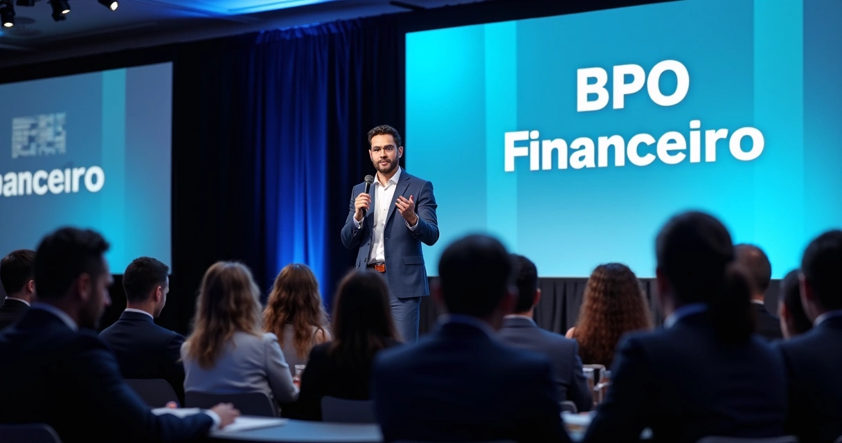 Contador palestrando em evento de negócios, público atento 