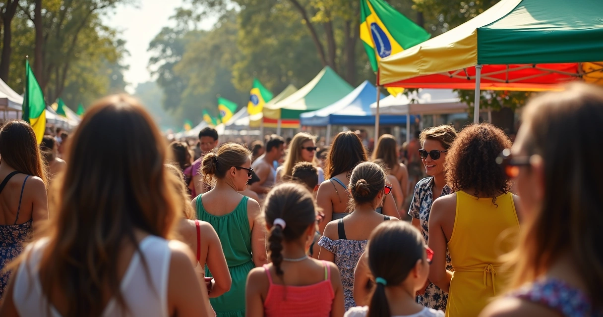 Grupo de pessoas reunidas em um evento brasileiro ao ar livre em Orlando. 