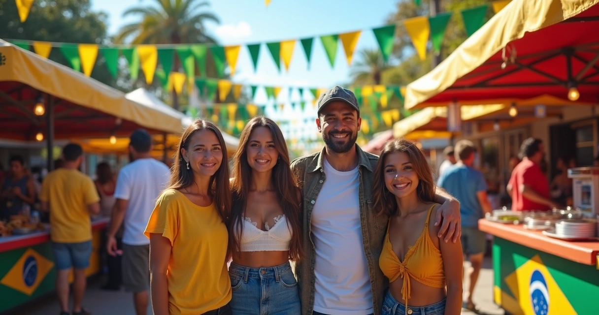 Grupo de brasileiros sorrindo em evento ao ar livre em Orlando, muitas barracas de comida ao fundo, clima animado, bandeiras do Brasil penduradas 
