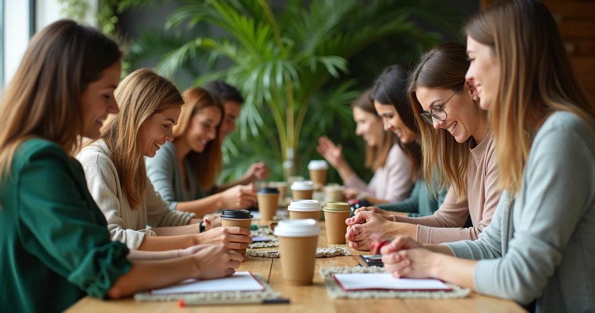 Pessoas em evento corporativo recebendo brindes ecológicos personalizados 