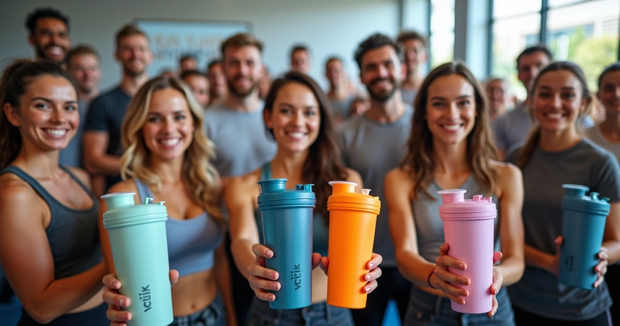 Equipe de colaboradores sorrindo em evento fitness com coqueteleiras personalizadas 