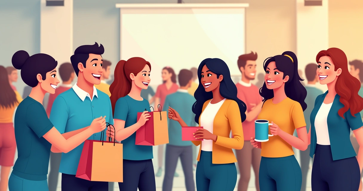 Pessoas recebendo e segurando brindes em evento corporativo 