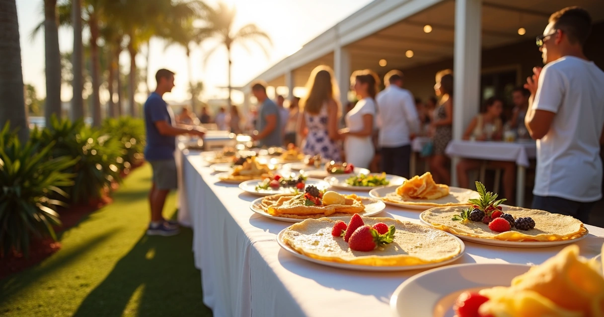 Buffet de crepes sendo servido em evento ao ar livre na Flórida 