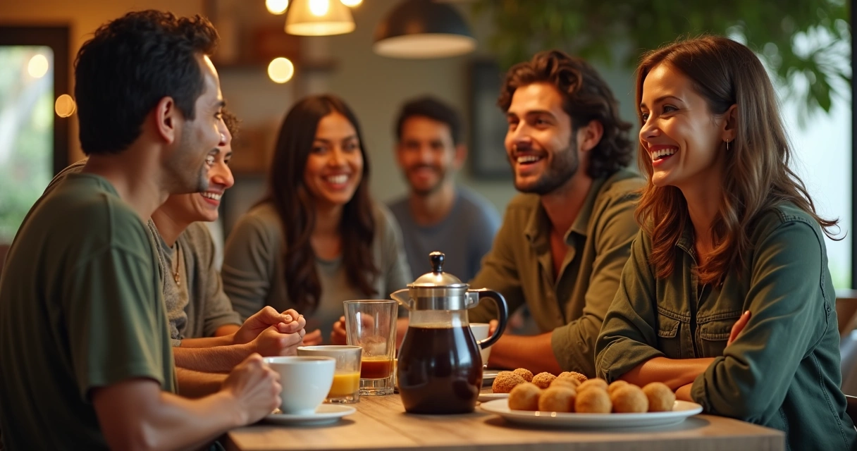 Família brasileira servindo café em evento social em Orlando 