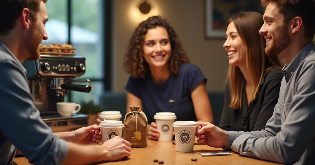 Equipe reunida em evento corporativo com café personalizado 