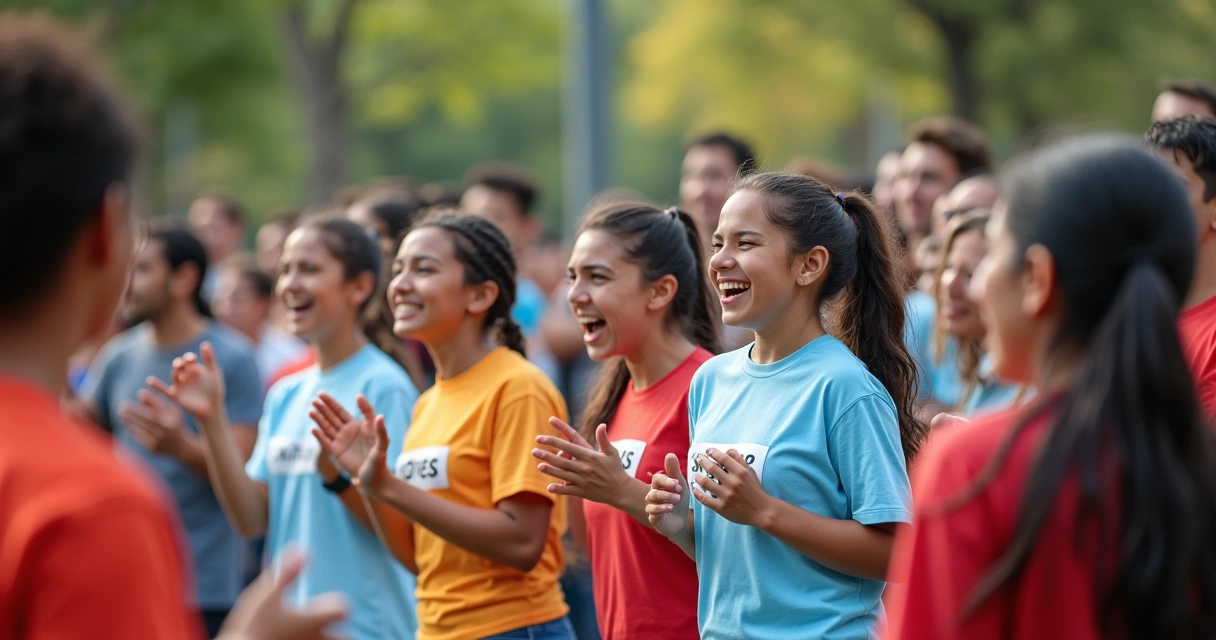 Participantes de evento vestindo camisetas personalizadas e celebrando juntos 